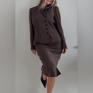 Vintage Kasper for ASL Brown Skirt Suit Set Velvet Trim Office Siren Size S